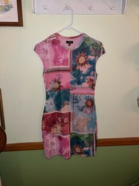 Mossimo Pink & Teal Patchwork Print Cap-Sleeve Dress